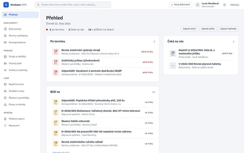 Nexbase DMS: přehled lhůt, revizí a úkolů